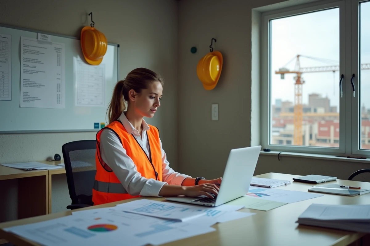 Femme professionnelle examinant des graphiques dans un bureau de chantier