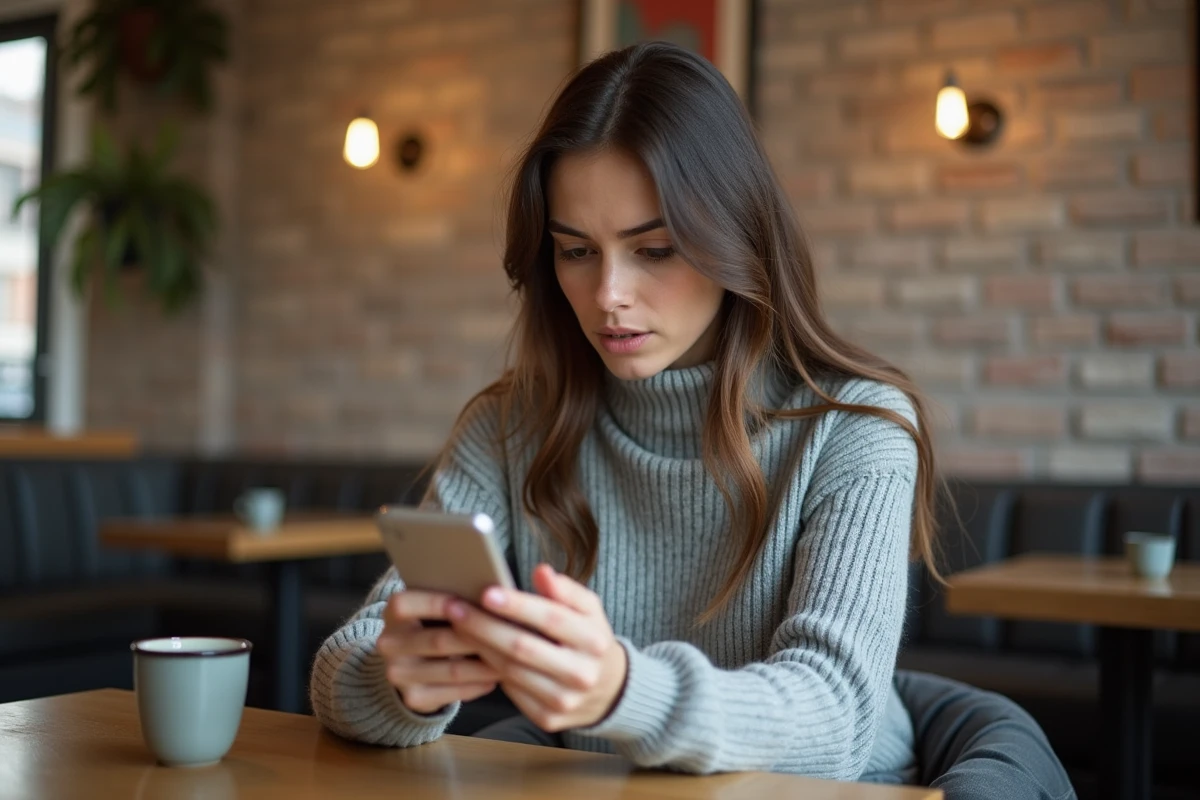Femme sceptique regardant son smartphone au caf&eacute;