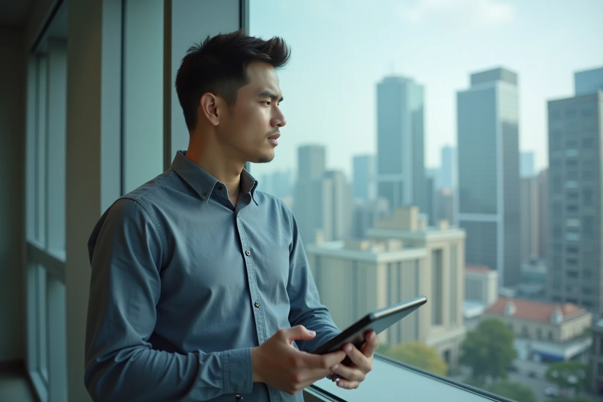 Jeune homme avec tablette regardant la ville pour article sur {titre}