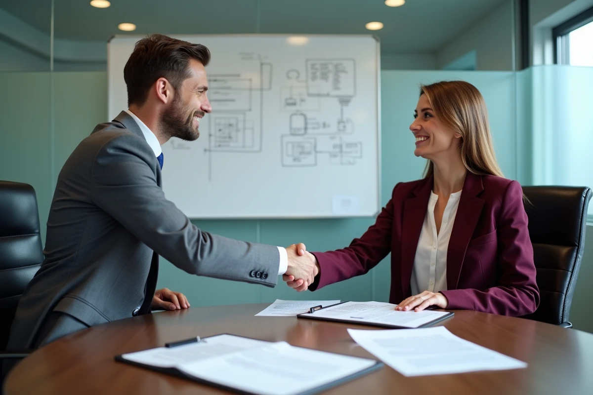 Deux professionnels B2B signant un accord commercial conforme à la réglementation autour d'une table de réunion avec des contrats