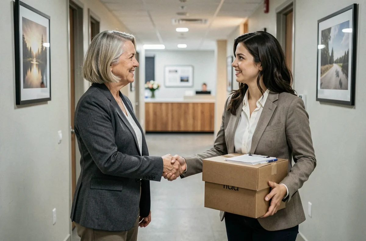 Deux collègues féminines se serrant la main dans un couloir de bureau lors d'un départ professionnel émouvant