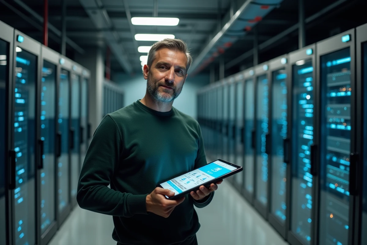 Administrateur IT visualisant la hiérarchie des rôles utilisateurs PROROLE sur tablette dans une salle serveurs