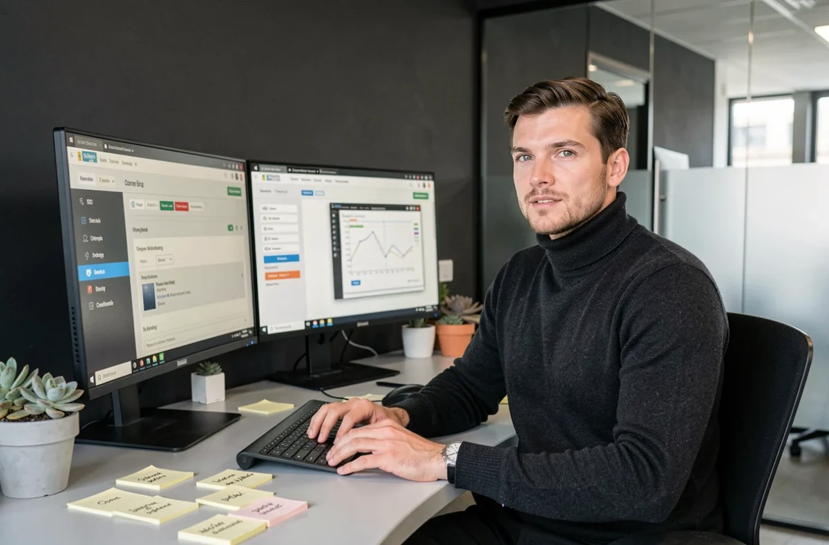 Stratège web de l'Agence Katla travaillant sur une solution web et SEO intégrée depuis son bureau connecté
