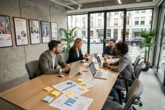Équipe d'une agence de marketing digital dans le Pas-de-Calais réunie autour d'une table de réunion moderne