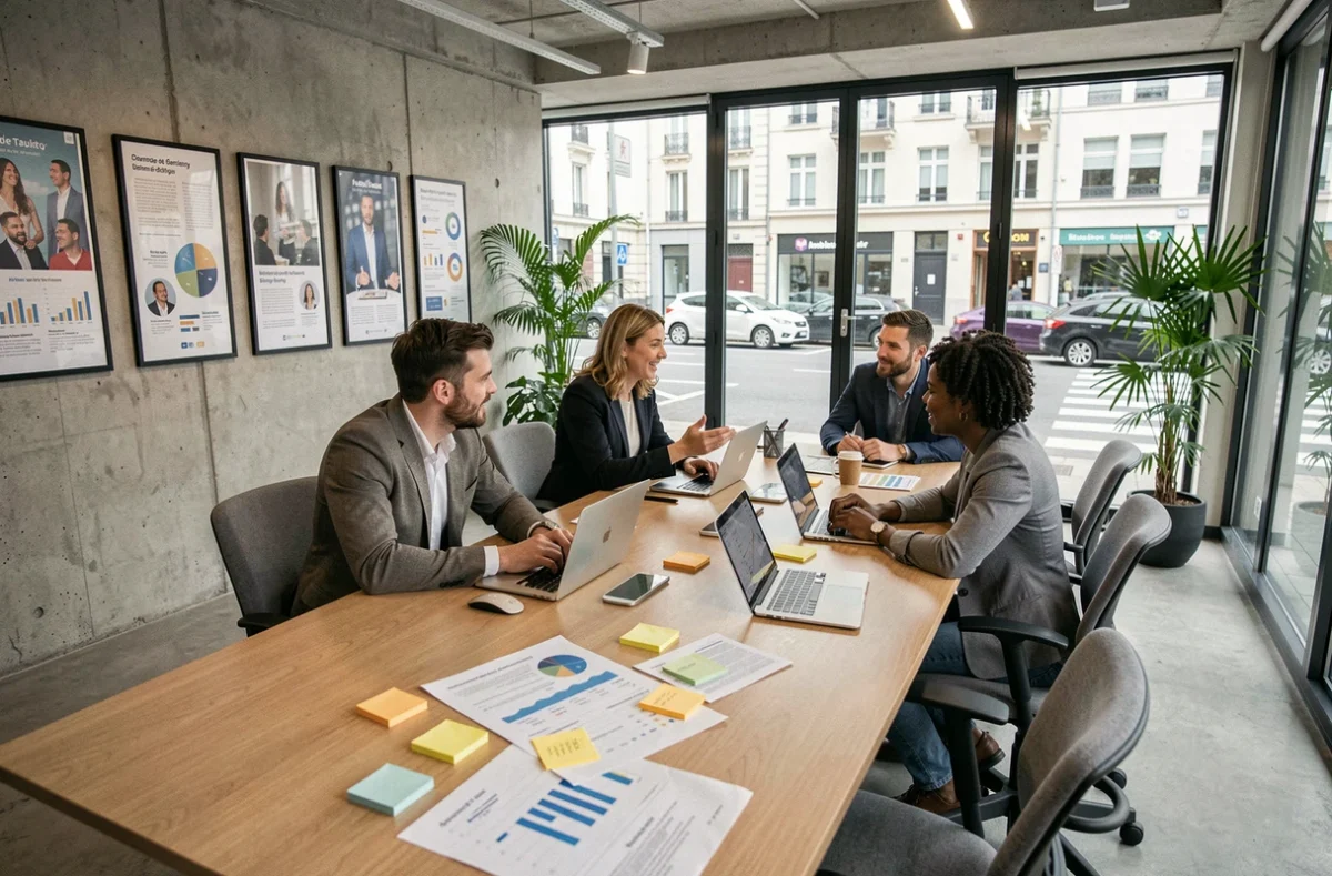 Équipe d'une agence de marketing digital dans le Pas-de-Calais réunie autour d'une table de réunion moderne