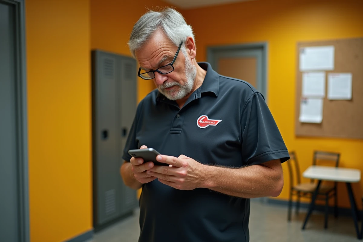 Agent La Poste vérifiant les notifications de son espace RH MaBoxRH sur smartphone dans une salle de pause