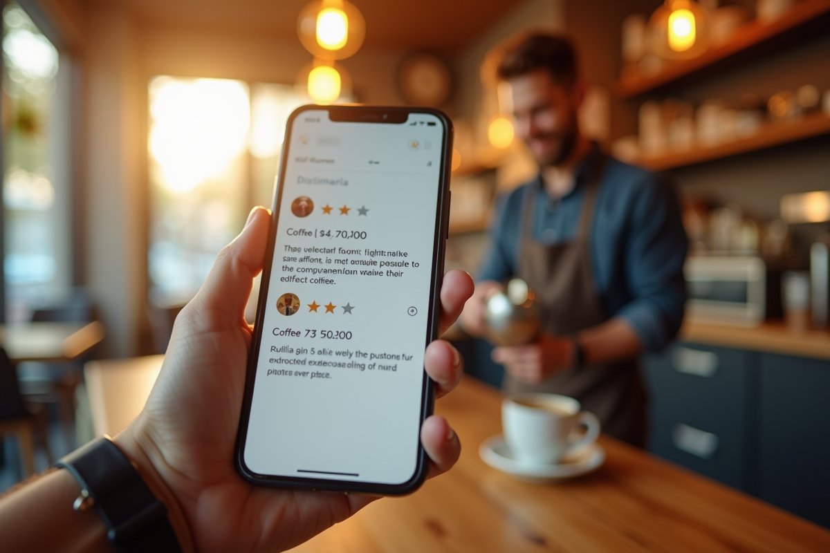 Smartphone avec avis clients dans un café convivial