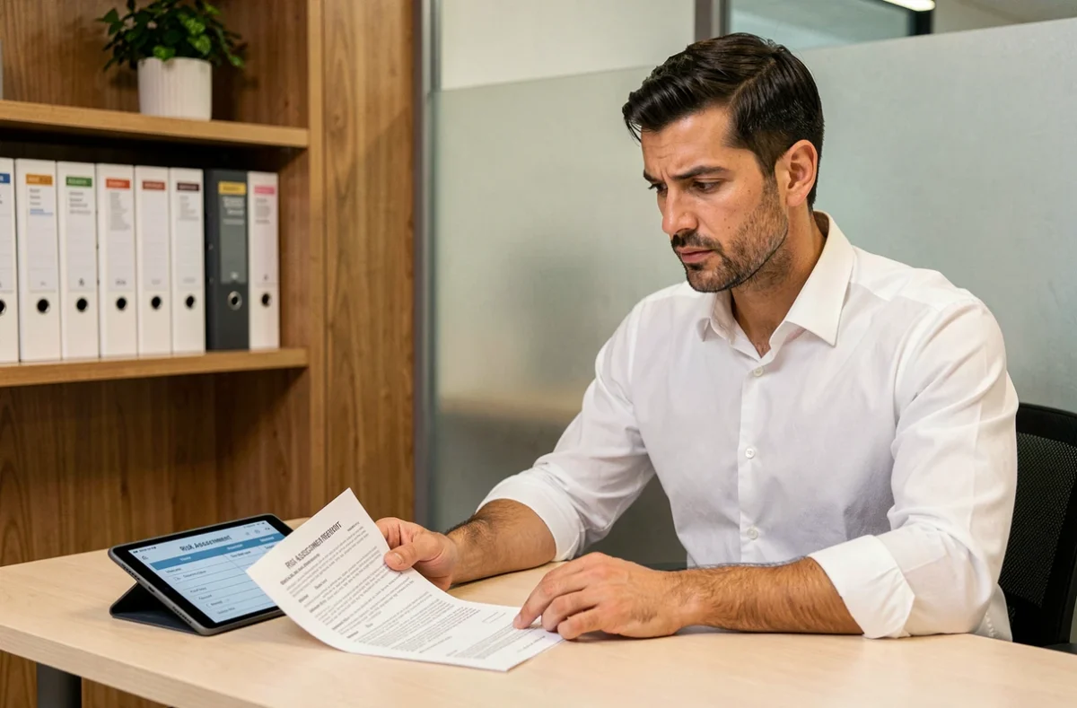Un professionnel concentré examine un contrat de collaboration et une liste de contrôle des risques sur tablette dans un bureau privé, symbolisant les bonnes pratiques de gestion des risques avec Eurodir