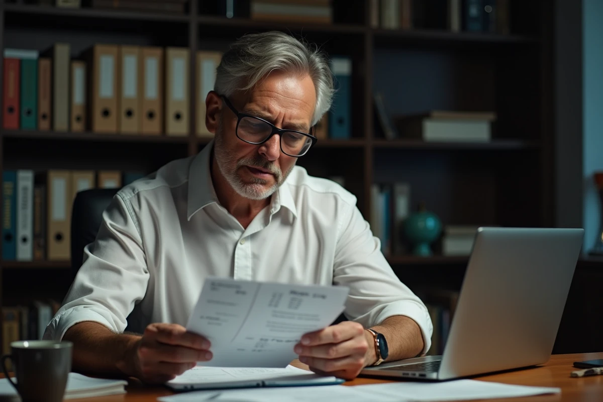 Homme analysant une fiche de paie avec les majorations pour heures de nuit et du dimanche à son bureau