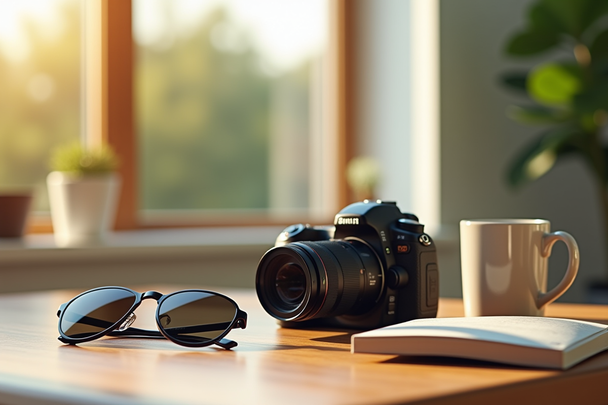 Appareil photo reflex avec lunettes et cafe sur table en bois