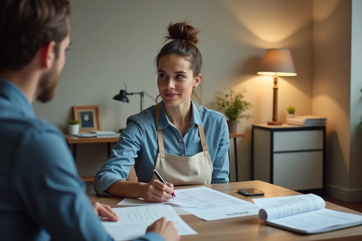 Artisane en consultation avec un comptable pour déclarer les activités principales de son entreprise individuelle
