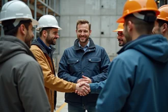Artisans BTP échangeant des cartes de visite sur un chantier de construction, illustrant un cercle professionnel du bâtiment