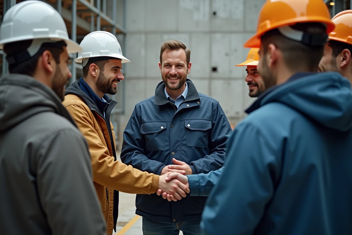 Artisans BTP échangeant des cartes de visite sur un chantier de construction, illustrant un cercle professionnel du bâtiment