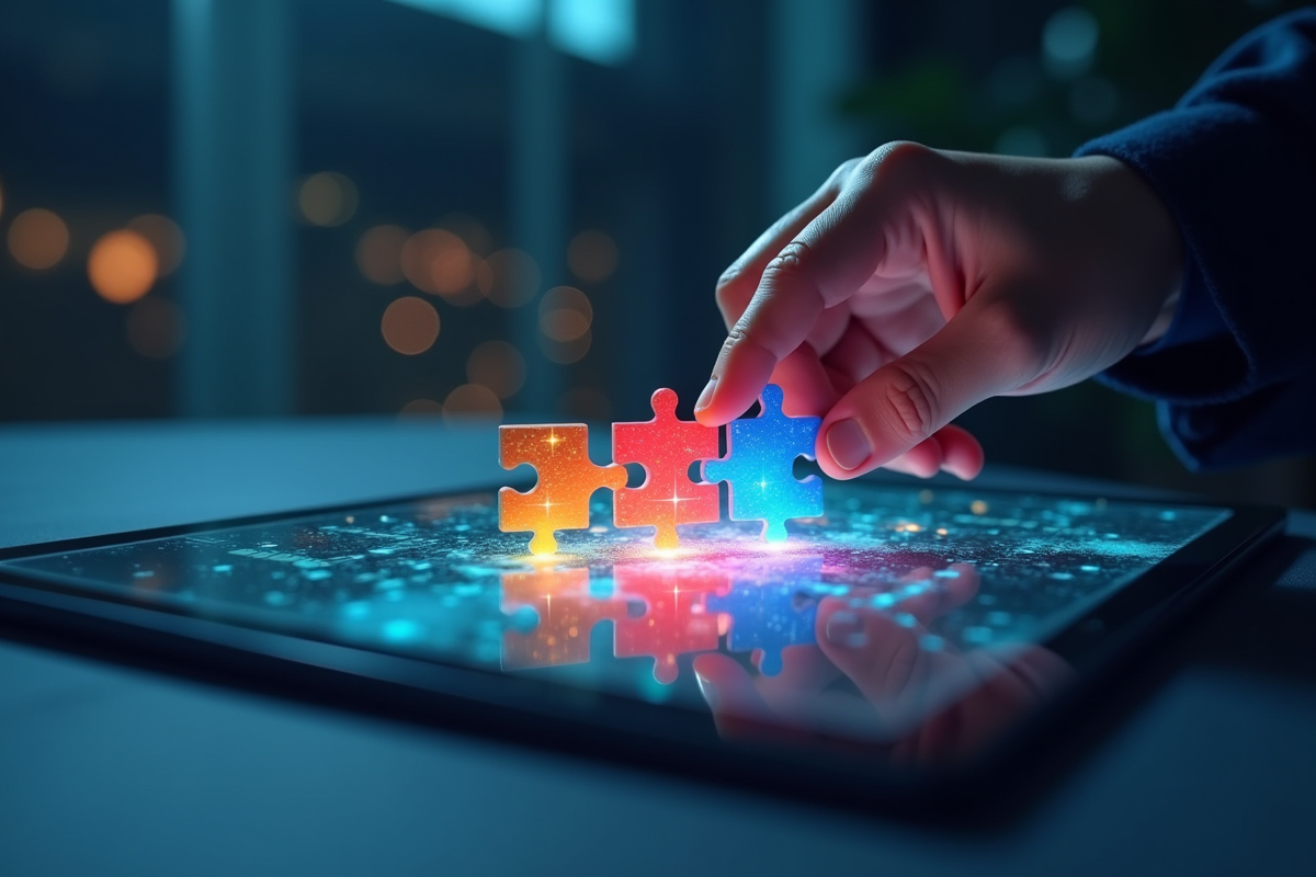 Une main assemble des pièces de puzzle colorées sur une tablette lumineuse