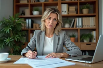Autoentrepreneuse qui examine des documents fiscaux et administratifs dans son bureau à domicile