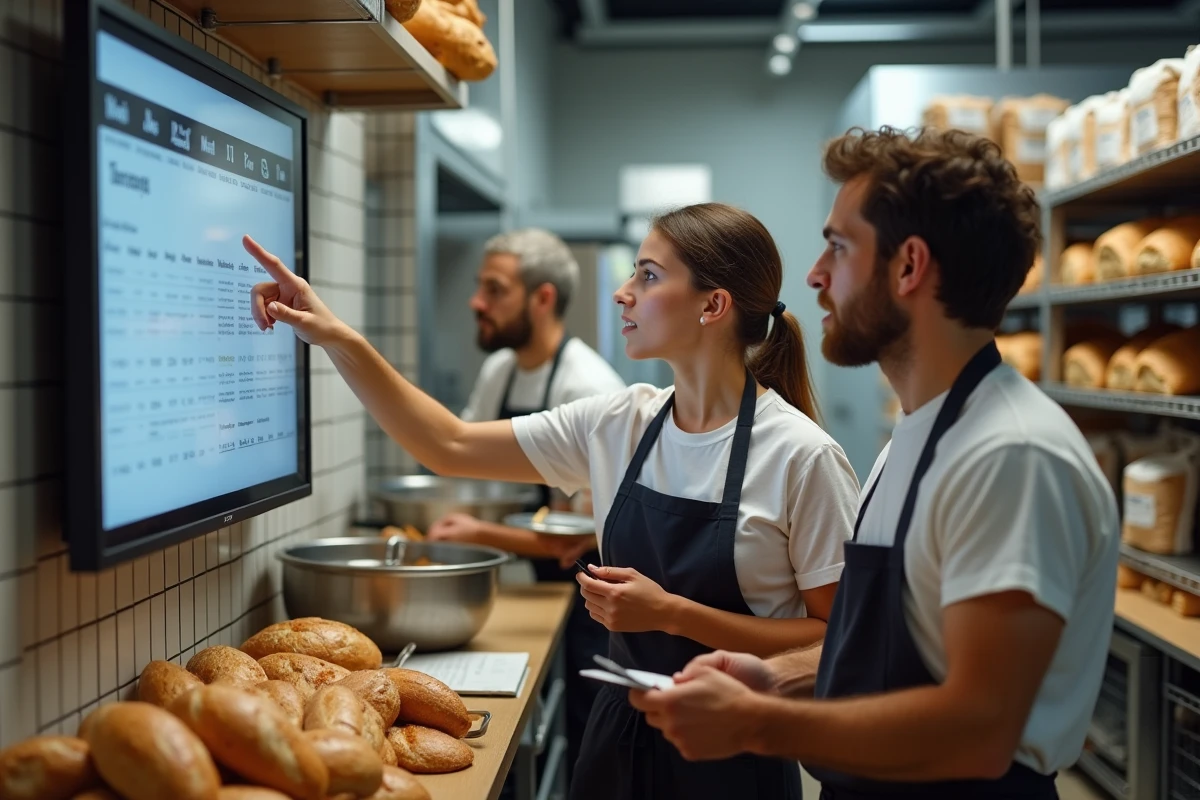 &Eacute;quipe de boulangerie discutant autour d