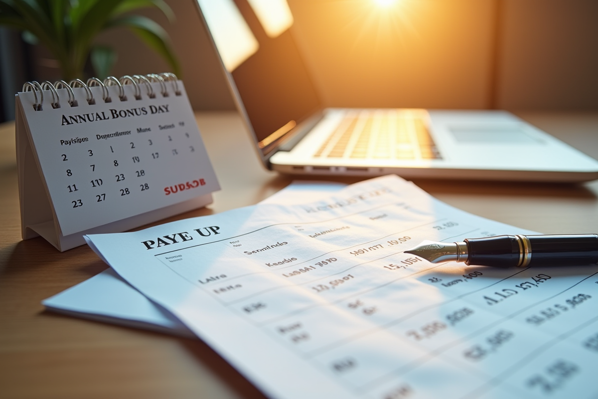 Pile de bulletins de salaire et calendrier marquant le jour du bonus