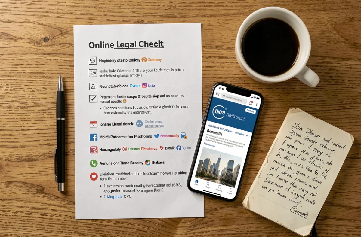 Vue aérienne d'un bureau avec checklist imprimée comparant les plateformes juridiques en ligne INPI et Legalstart pour la création d'entreprise
