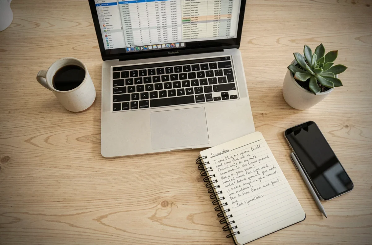 Bureau de coworking organisé à Toulon avec ordinateur portable cahier et tasse de café vus de dessus
