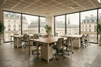 Bureau en open space moderne à Metz avec vue sur la ville et espaces de travail ergonomiques