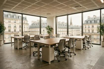 Bureau en open space moderne à Metz avec vue sur la ville et espaces de travail ergonomiques