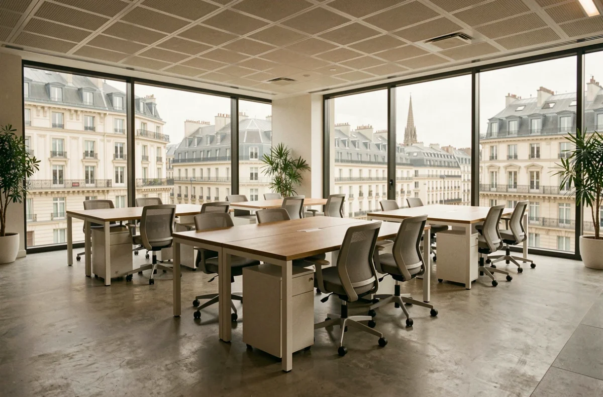 Bureau en open space moderne à Metz avec vue sur la ville et espaces de travail ergonomiques
