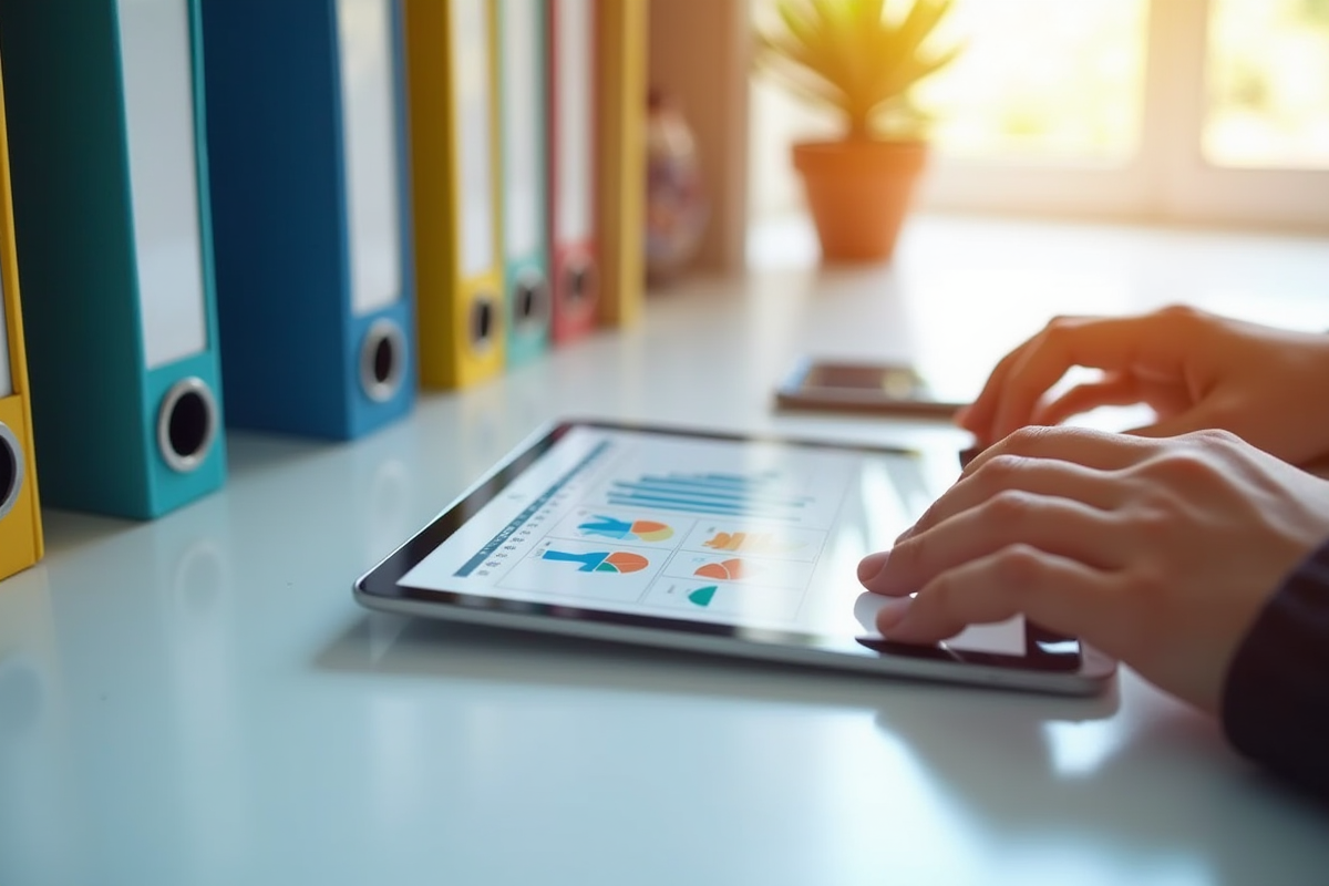 Bureau épuré avec dossiers colorés et tablette pour article