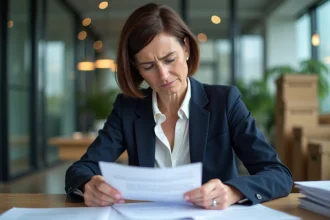 Femme RH en blazer marine consultant des documents de solde de tout compte sur un bureau en bois dans un open space professionnel