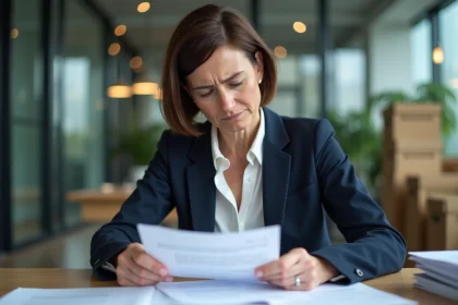 Femme RH en blazer marine consultant des documents de solde de tout compte sur un bureau en bois dans un open space professionnel