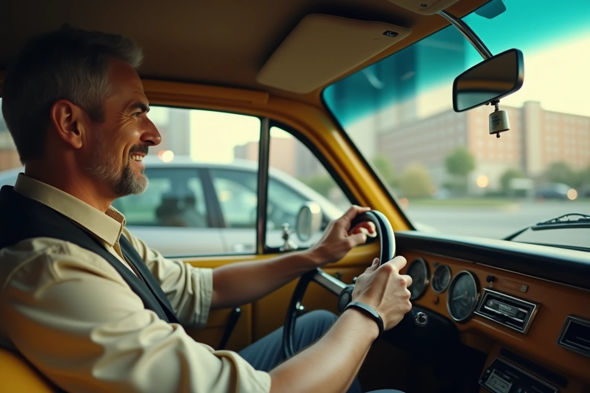 Chauffeur de taxi regardant dans le rétroviseur en ville