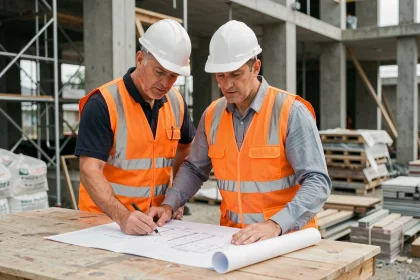 Chef de chantier en gilet orange consultant des plans sur un chantier de construction pour maîtriser le budget des travaux