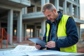 Homme d'âge moyen en veste de chantier et gilet réfléchissant sur un site de construction