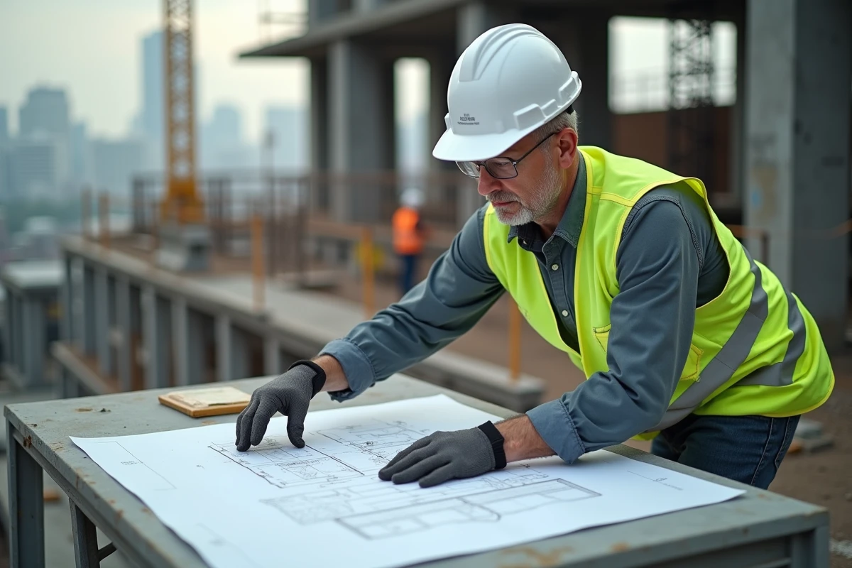 Chef de projet en construction examinant des plans architecturaux sur un chantier urbain actif en 2026