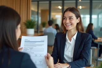 Collaboratrice présentant un document tarifaire de formation à un responsable RH dans un bureau moderne