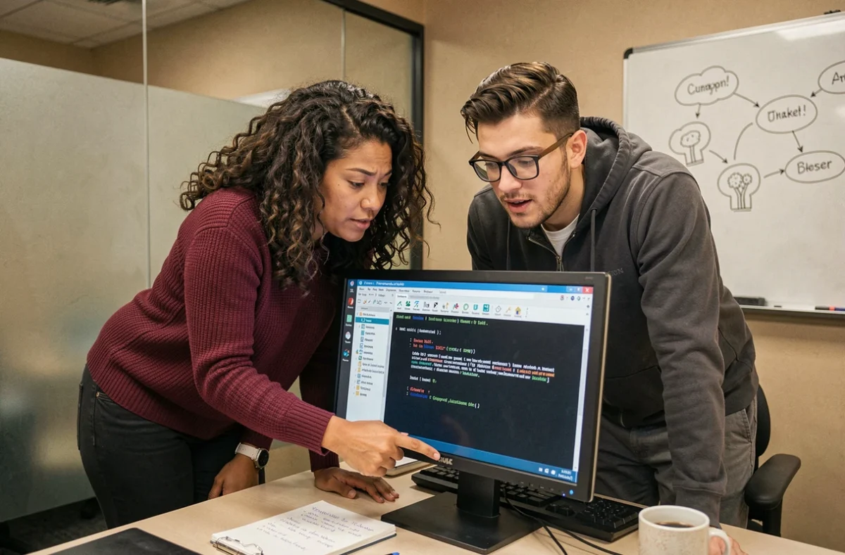 Deux collègues analysant un message d'erreur sur un écran d'ordinateur pour résoudre un problème avec Talentsoft LPCR