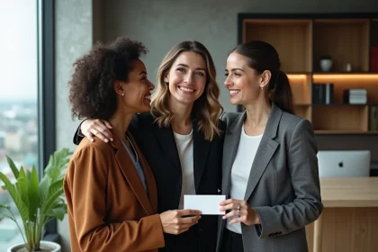 Trois coll&egrave;gues souriants dans un bureau moderne pour un adieu