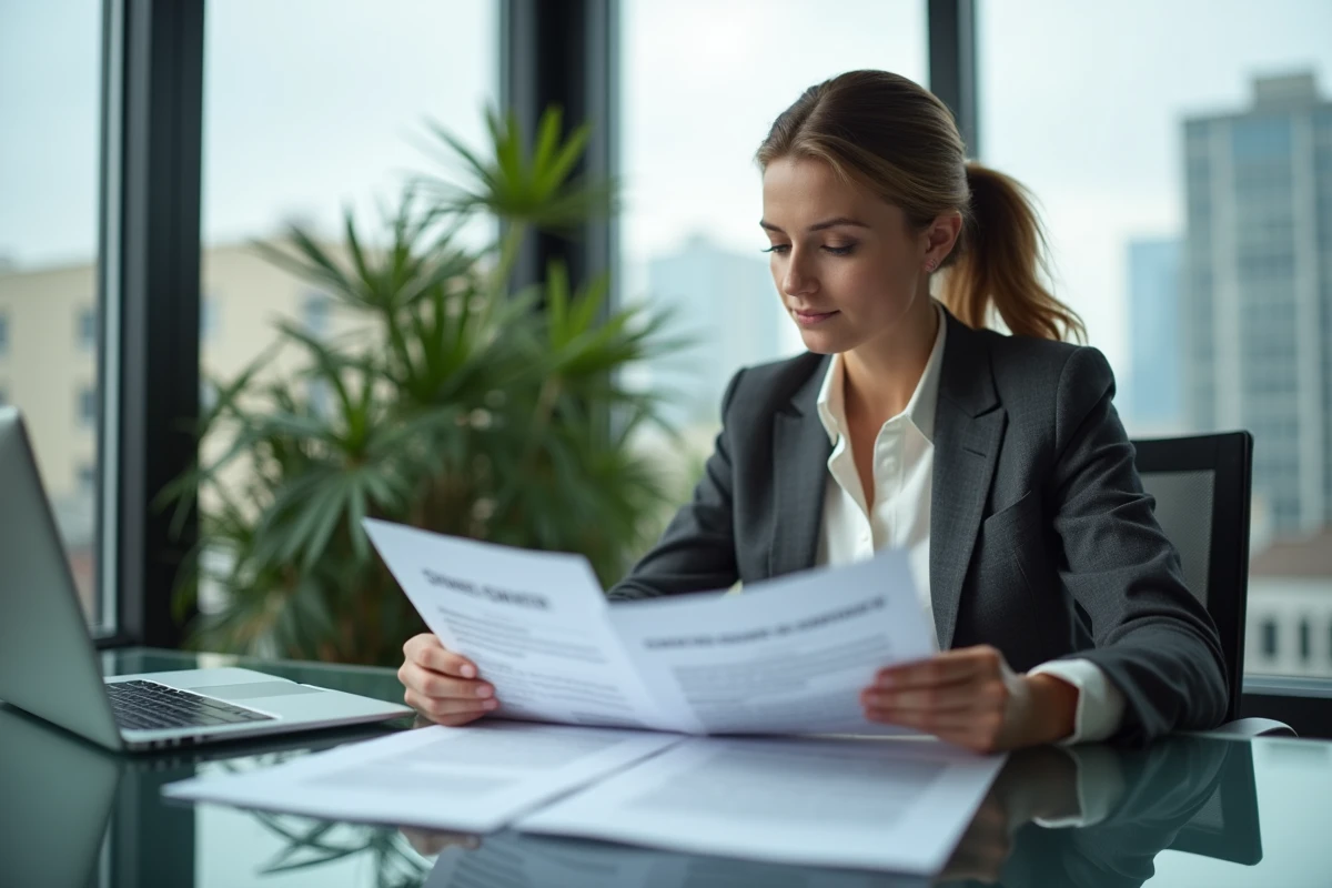 Femme d'affaires comparant un contrat de LLD et une fiche de taxe sur les véhicules de société dans une salle de réunion