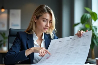 Comptable femme examinant un calendrier annuel 2026 dans un bureau professionnel moderne pour planifier les semaines travaillées