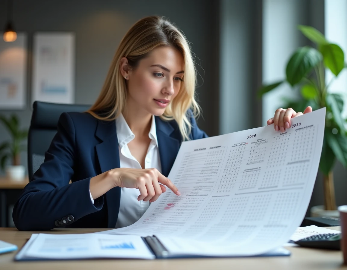 Comptable femme examinant un calendrier annuel 2026 dans un bureau professionnel moderne pour planifier les semaines travaillées