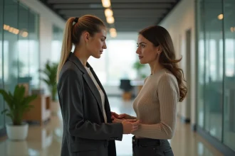Deux collègues en tenue professionnelle échangeant un moment de soutien et de compassion dans un couloir de bureau moderne
