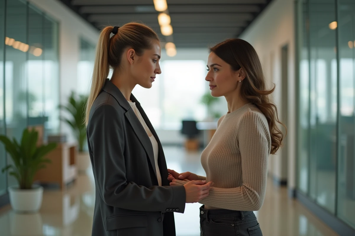 Deux collègues en tenue professionnelle échangeant un moment de soutien et de compassion dans un couloir de bureau moderne