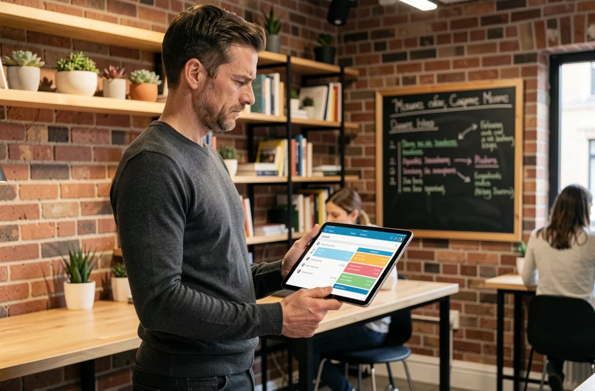 Consultant data marketing consultant son CRM sur tablette dans un espace de coworking parisien