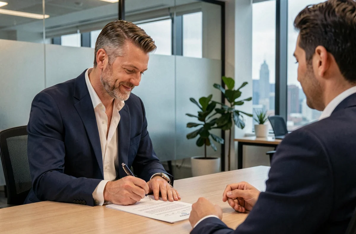 Consultant signant un contrat avec une société de portage salarial dans un bureau moderne