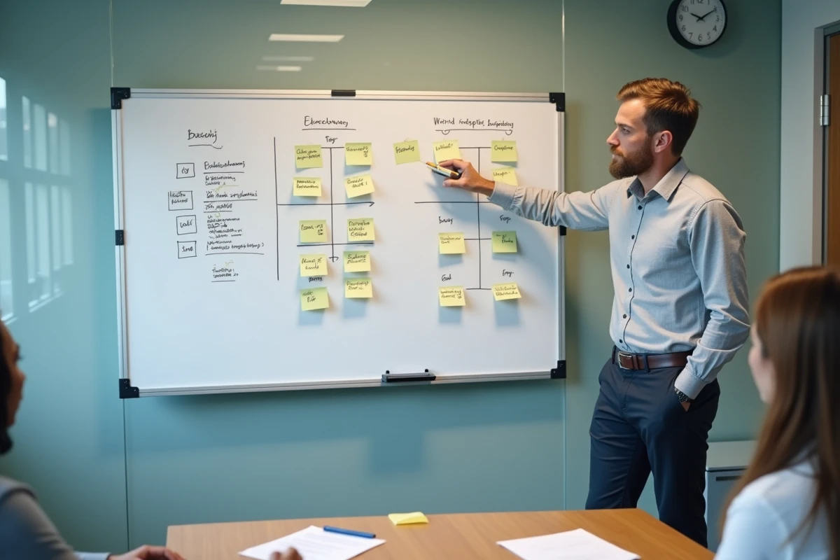 Consultant debout devant un tableau blanc présentant une décomposition de coûts dans une salle de réunion professionnelle