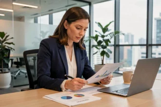 Consultante indépendante analysant un classement de sociétés de portage salarial dans un bureau moderne