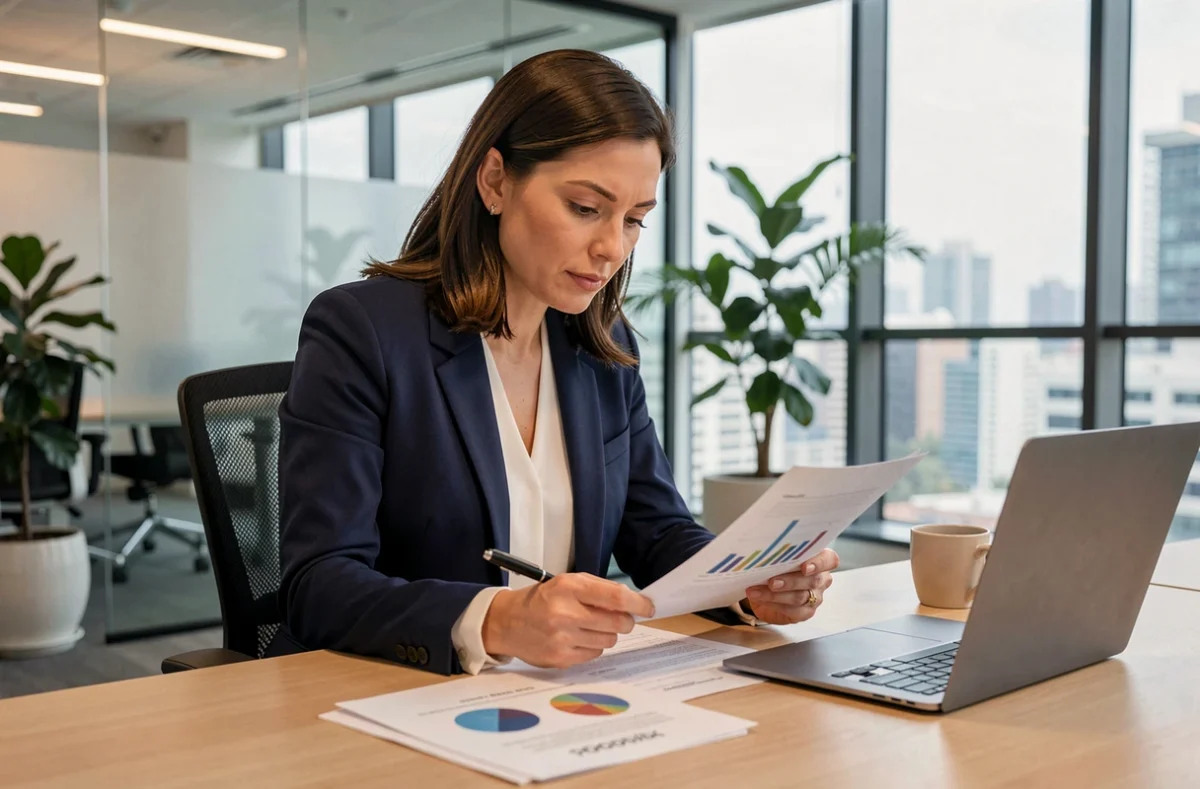 Consultante indépendante analysant un classement de sociétés de portage salarial dans un bureau moderne