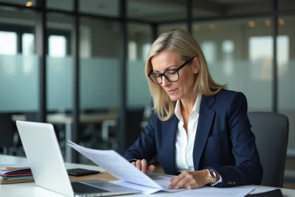 Consultante en compliance examinant des documents budgétaires dans un bureau moderne, illustrant les coûts d'une agence de staffing en conformité