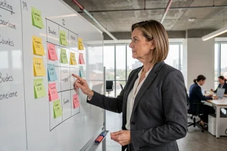 Consultante marketing analysant une matrice McKinsey sur tableau blanc dans un bureau moderne