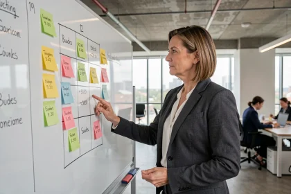 Consultante marketing analysant une matrice McKinsey sur tableau blanc dans un bureau moderne