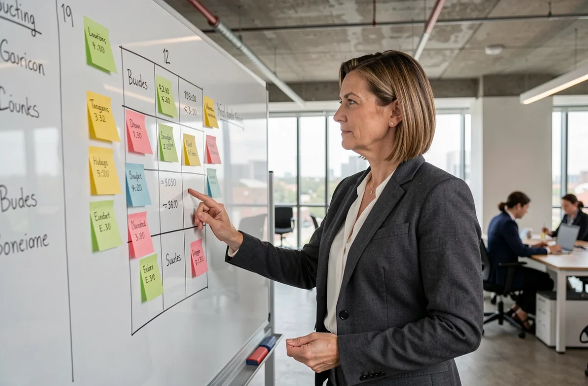Consultante marketing analysant une matrice McKinsey sur tableau blanc dans un bureau moderne